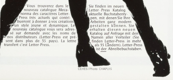 Detail of Pascal fit to shape, with manually added umlauts. The ad is credited to “CEHES / Photo CHAPUIS”.