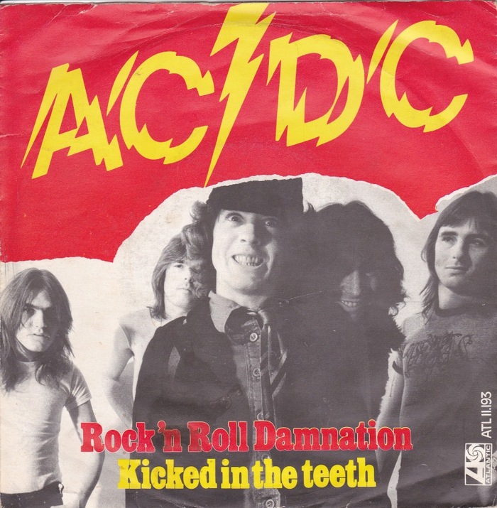 Dutch 45 RPM single for AC/DC’s “Rock ’n Roll Damnation” with B-side “Kicked In The Teeth”.