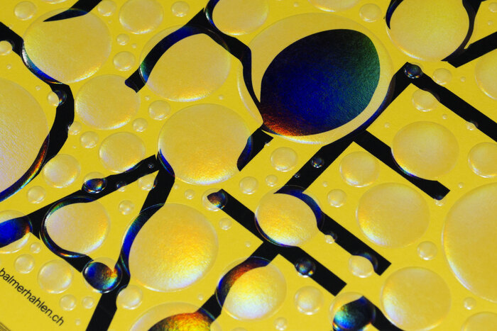 Save the date — screen printed; transparent holographic hot foil; 3D embossing