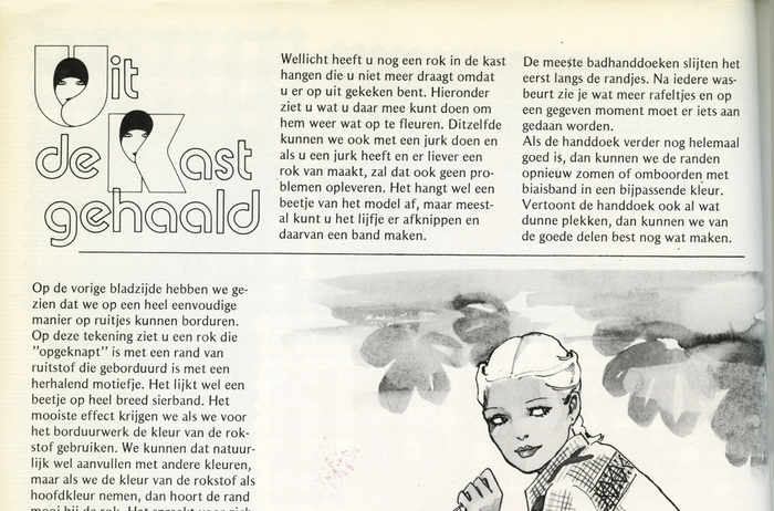 “Uit de kast gehaald” (out of the closet) is another recurring section, discussing ways to reuse well-worn clothes or textile leftovers. The title is a combination of Expressa and Via Face Don. The body text is set in Theme, a typeface designed specifically for the IBM Selectric Composer.