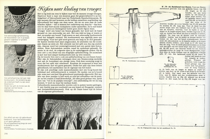 “Kijken naar kleding van vroeger” (looking at clothing from bygone days). Heading in Poppl-Exquisit. For the righthand page, effort was made to make it look like a page form the past: A narrower typeface, old style fractions, and a outdated choice of words and grammar.