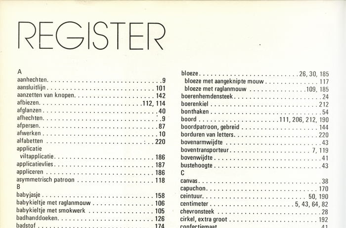 “Register” (Index) set in caps from Avant Garde Gothic, entries in Univers Condensed.