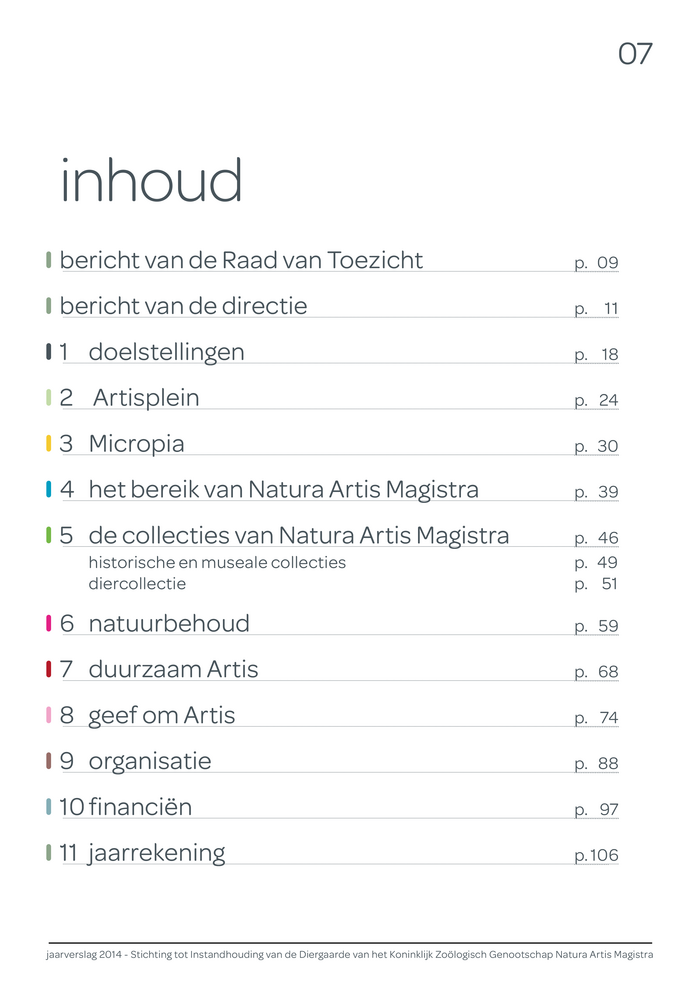 Table of contents with chapter numbers and smaller page numbers. The former are supported by an unobtrusive color coding. Capitalization is reduced to a minimum.