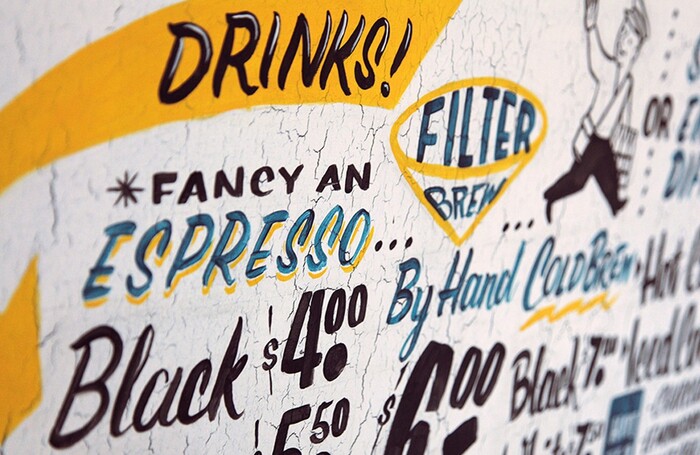 Detail from the hand-painted menu. Some of the styles might be modeled after fonts, see e.g. House Industries’ Signpainter Collection, and especially House Script for “Black” / “By Hand”.