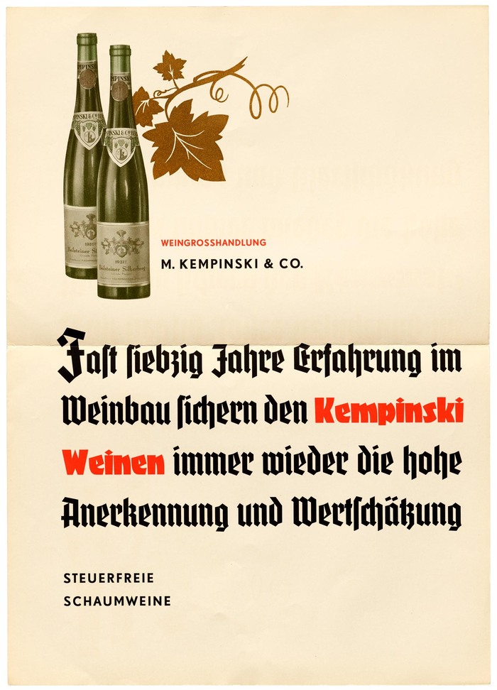 Poster ad for “tax-exempt sparkling wines” by M. Kempinski &amp; Co. The wine company was founded by German-Jewish merchant Berthold Kempinski (1843–1910) in 1862. In 1937, a few years after this specimen was published, Kempinski’s son-in-law Richard Unger (1866–1947) was forced to sell the company and emigrate to the US. As a graphic sign of this “Aryanization”, the star in the logo (still visible on the labels shown here) was replaced by grapes. In 1941, the Jewish name Kempinski was changed to F. W. Borchardt.