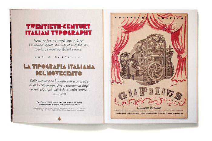 Titles and page numbers set in TIF Balilla. Summary and captions in Semplicit&agrave; [digital revival by Studio Di Lena]