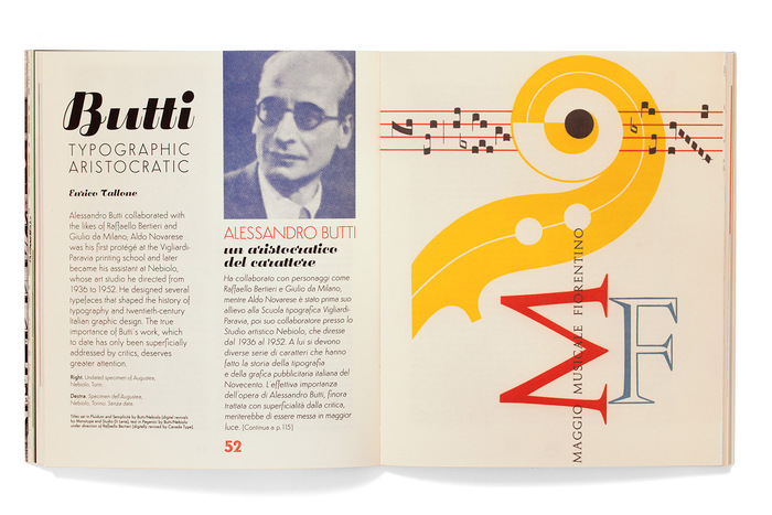 Titles set in Fluidum and Semplicit&agrave; by Butti/Nebiolo [digital revivals by Monotype and Studio Di Lena]; text in Paganini by Butti/Nebiolo under direction of Raffaello Bertieri [digitally revived by Canada Type]