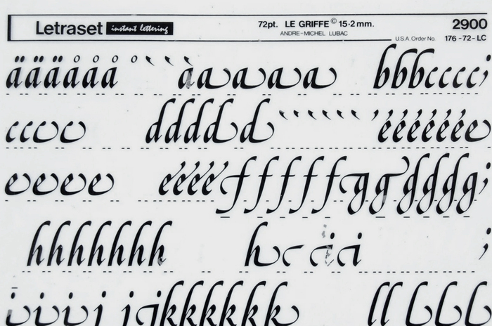 A partly used Letraset sheet with glyphs from Le Griffe in 72pt.