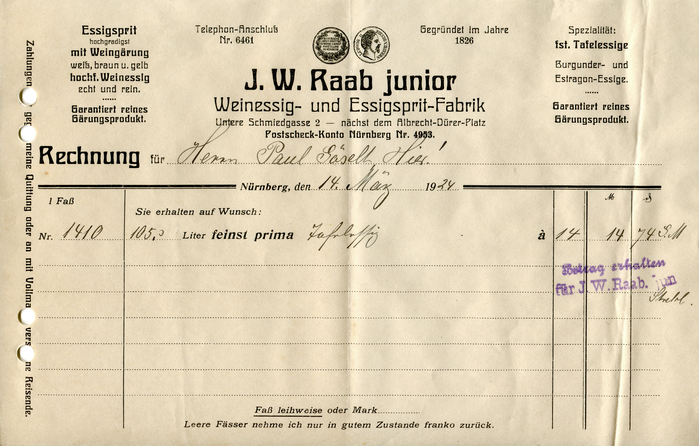 J.W. Raab junior invoice, 1924 1