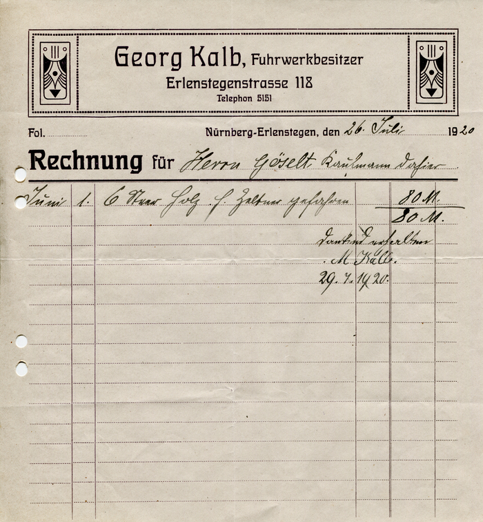 Georg Kalb Fuhrwerkbesitzer invoice, 1920