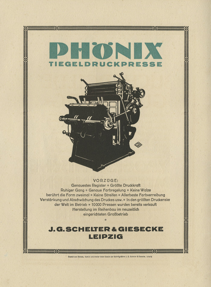 “Phönix Tiegeldruckpresse” ad by J.&nbsp;G.&nbsp;Schelter &amp; Giesecke, 1924