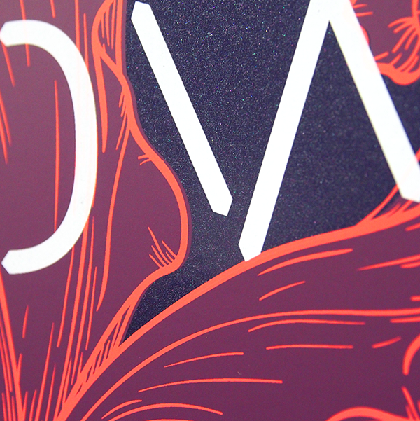 The poster was printed with silk screen inks on violet Chromolux sparkling paper / 40 and deep blue pasteboard / 20.
