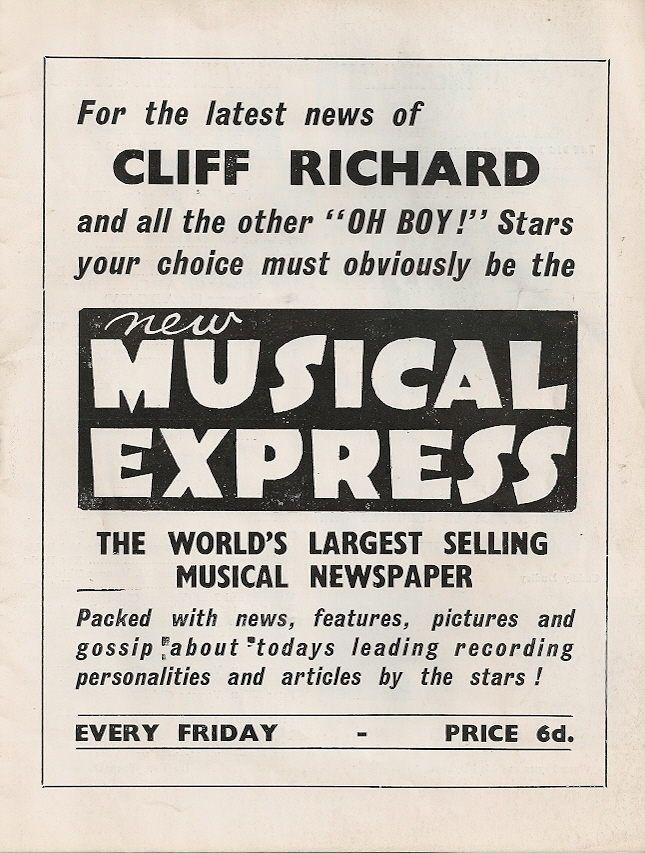 “The world’s largest selling musical newspaper. Every Friday”. Magazine ad from 1959, featuring the New Musical Express logo as it was used from c. 1953 to 1966.