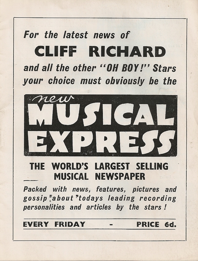&ldquo;The world&rsquo;s largest selling musical newspaper. Every Friday&rdquo;. Magazine ad from 1959, featuring the New Musical Express logo as it was used from c. 1953 to 1966.