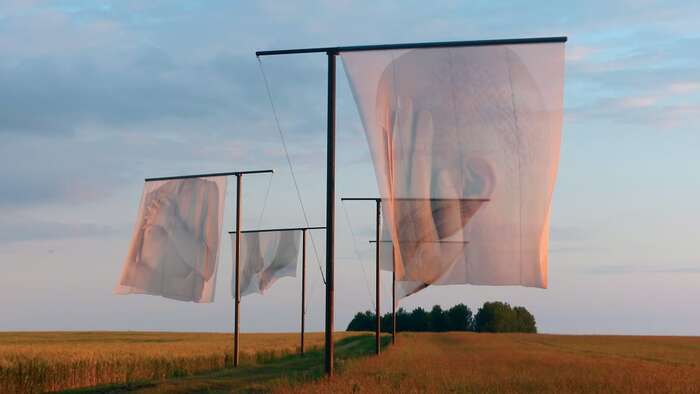 The Lost Men France, 2014, Thiepval Memorial to the Missing of the Somme, Northern France. Five (5 m &times; 5m) pigment-printed photographs on silk, steel. 200 metres. Photographed by Paul Emmanuel. Courtesy of Art Source South Africa.