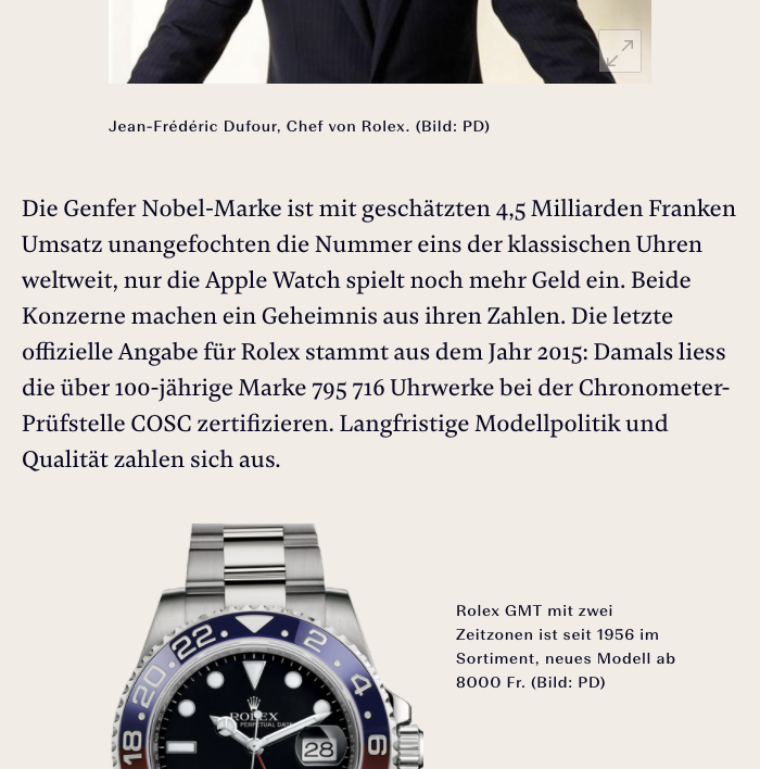 Damien Text comes with small caps, fractions and different sets of numerals. This number-heavy feature about Swiss watches shows the default old style figures.