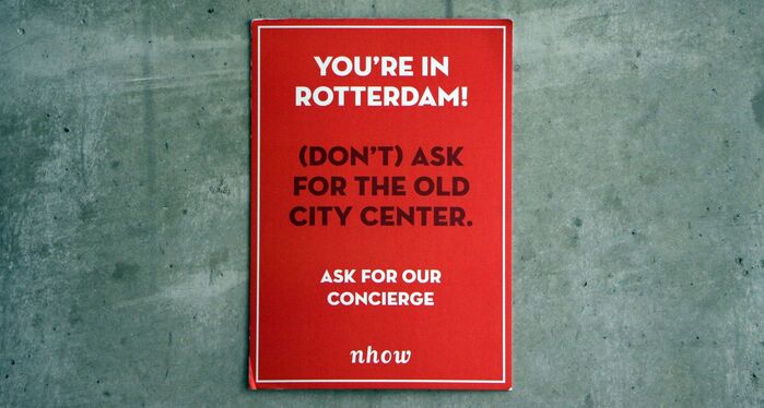 Every nhow hotel uses the same logo for communication, but can have their own colour palette and complimentary typeface. Nhow Rotterdam messages are set in Neutraface Display Titling, an all caps typeface with some alternate lettershapes in its lowercase character set (see for example G, K, M).