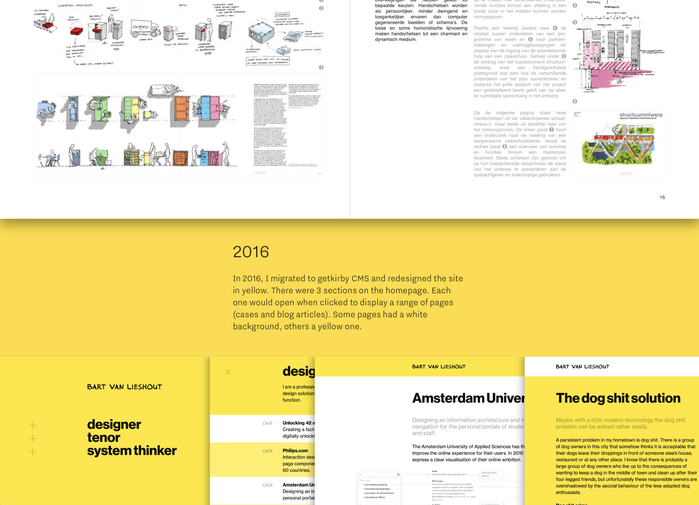 Portfolio booklet (top half , 2012) set in Helvetica, screenshots from 2016 website (lower half in yellow) featuring Neue Haas Grotesk.