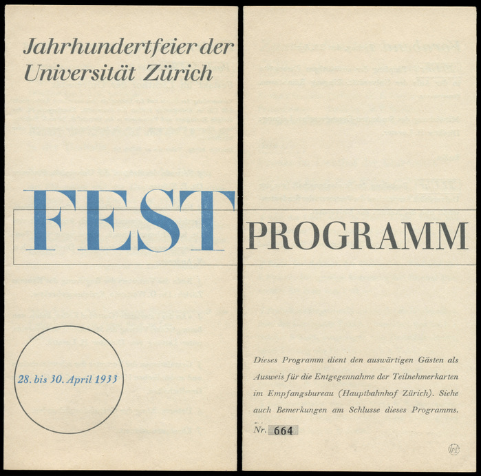 Festprogramm Jahrhundertfeier der Universität Zürich