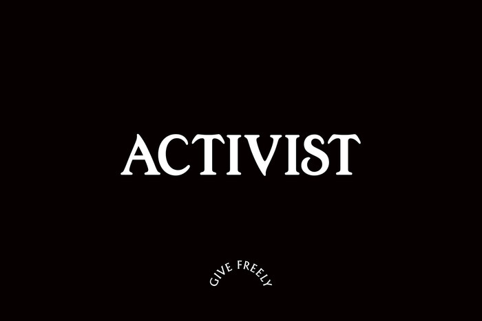 Activist logo (based on Edwardian) with 'GIVE FREELY' strapline (Albertus)
