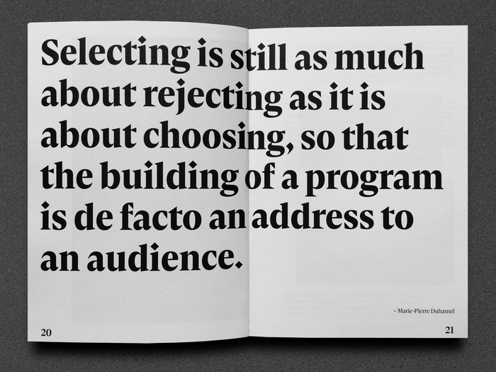 Quotes are set in a bold weight of Damien Display. By activating the stylistic alternates for diamond-shaped dots and punctuation marks, the typeface’s sharp character is further emphasized.