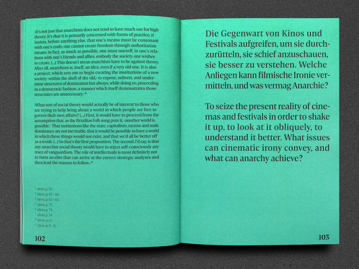 German and English texts are set in the same cut of Damien. German-style (single) guillemets are also used for marking quotations in the English parts. Damien Light was chosen for footnotes.