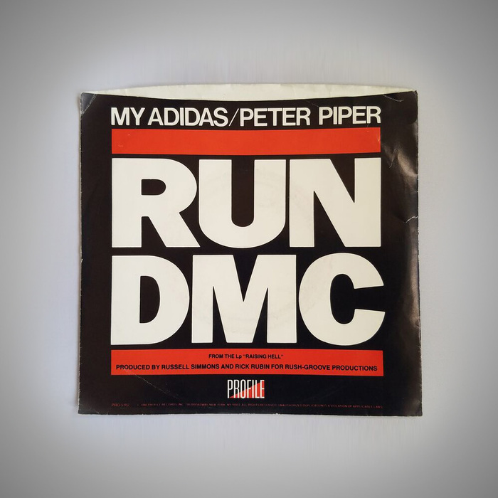 Cover of the single &ldquo;My Adidas&rdquo; / &ldquo;Peter Piper&rdquo;, Profile Records (US) and London Records (UK), 1986

[More info on Discogs]