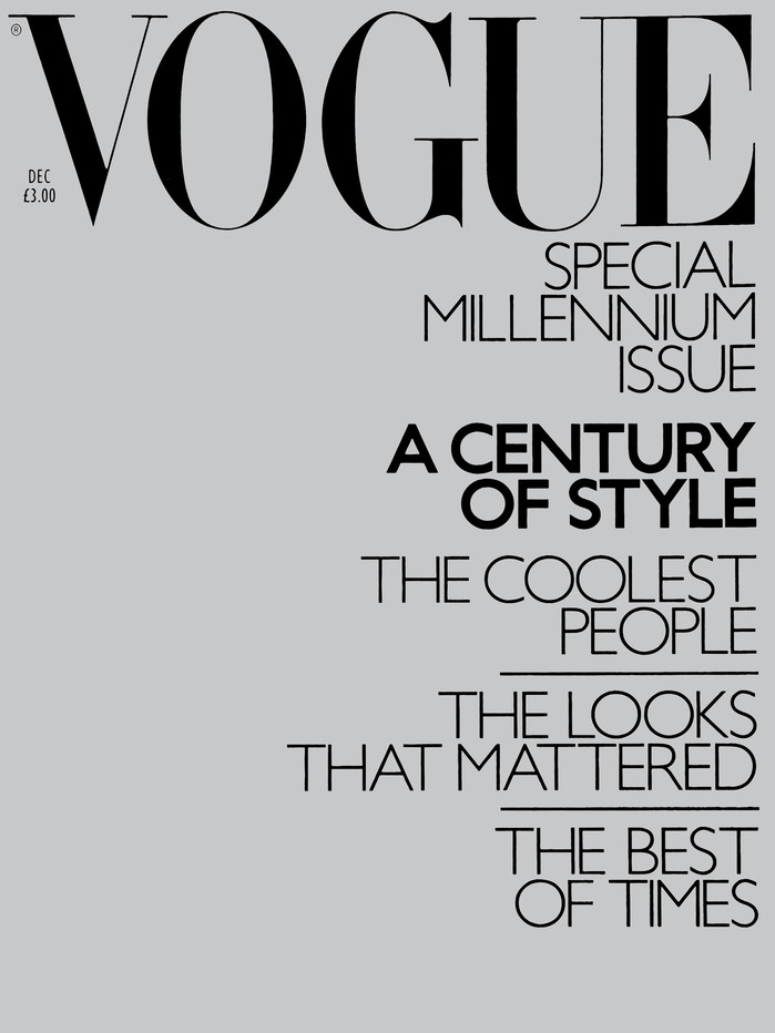 The first issue to feature Gill Sans Monoline was the December 1999 special Millennium issue which featured a silver foil mirrored cover and no model, only the typeface.