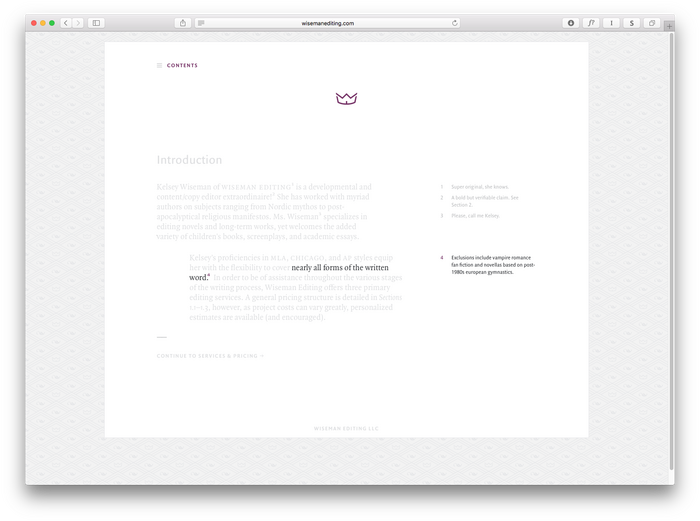 Hovering marked up sections highlights their corresponding side-notes, and vice-versa.