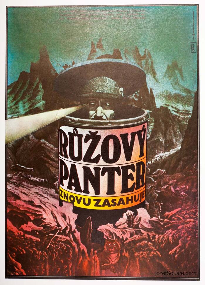 The Pink Panther Strikes Again, 1978. Sellers spying from a bin, but not seeing a staring tiger below him. Windsor seems to be adopted as the goto-font for this Clouseau poster series, with customized, compact diacritics. The movie title is set in what looks like Gill Sans.