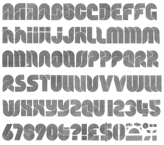 Glyph set of Letraset Stripes with its many alternate glyphs