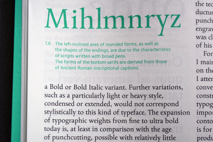 Detail from page 68: “Typeface Redesign” by Christian Mengelt, pairing Mengelt Basel Antiqua (body text) with Sinova (captions).