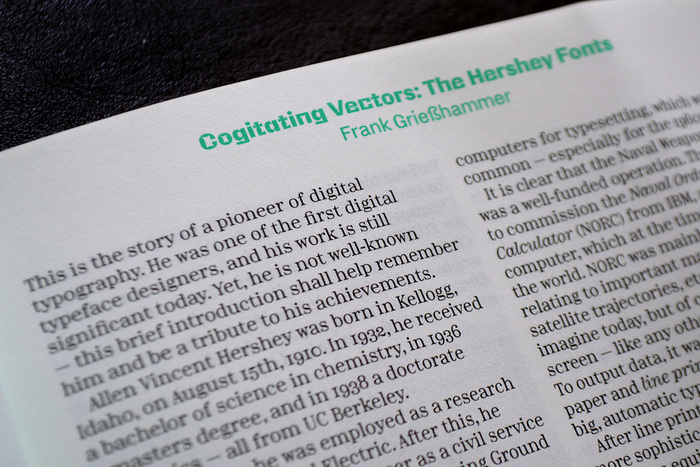 Detail from page 77: “Cogitating Vectors: The Hershey Fonts” by Frank Grießhammer, featuring Minotaur Beef, Minotaur Sans, and Minotaur.