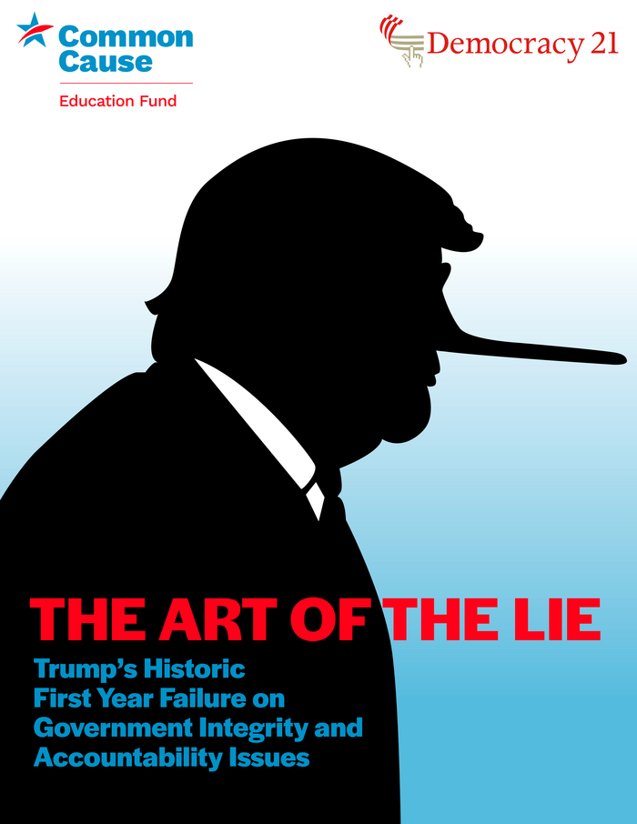Cover of “The Art of the Lie”, a report on “Trump’s Historic First Year Failure on Government Integrity and Accountability Issues.”