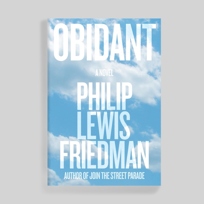 This cover for Obidant is set in caps from Knockout (probably the No. 47 weight). Blanks: “… the cover for Philip’s new book, Obidant, with its giant type in the clouds, was absolutely meant as a reference to Infinite Jest.”