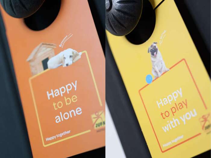 The door hangers offer playful variations on JUFA’s tagline “Happy together”.