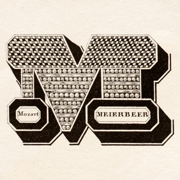 For comparison: The M from Midolle’s original alphabet. The bottom third of each letter shows surnames of famous writers and musicians which begin with the letter: M as in Mozart and Meierbeer. Courtesy of Letterform Archive.