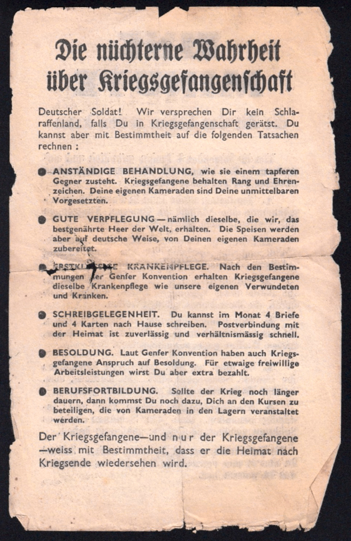 Z.G.45 — “Die nüchterne Wahrheit über Kriegsgefangenschaft” (The sober truth about being POW).

The blackletter is Schmalfette (Frankfurter) Fraktur, Monotype series 187, from c. 1930. It is somewhat similar to the schmalfett cut of Bernhard-Fraktur (1912). Note that the heading makes correct use of the long ſ and round s as well as of the ch ligature. The text in Gill Sans doesn’t use the eszett (ß) in “verhältnismäßig”, “weiß”, “daß”. The last paragraph features letterspacing for emphasis (“nur”).
