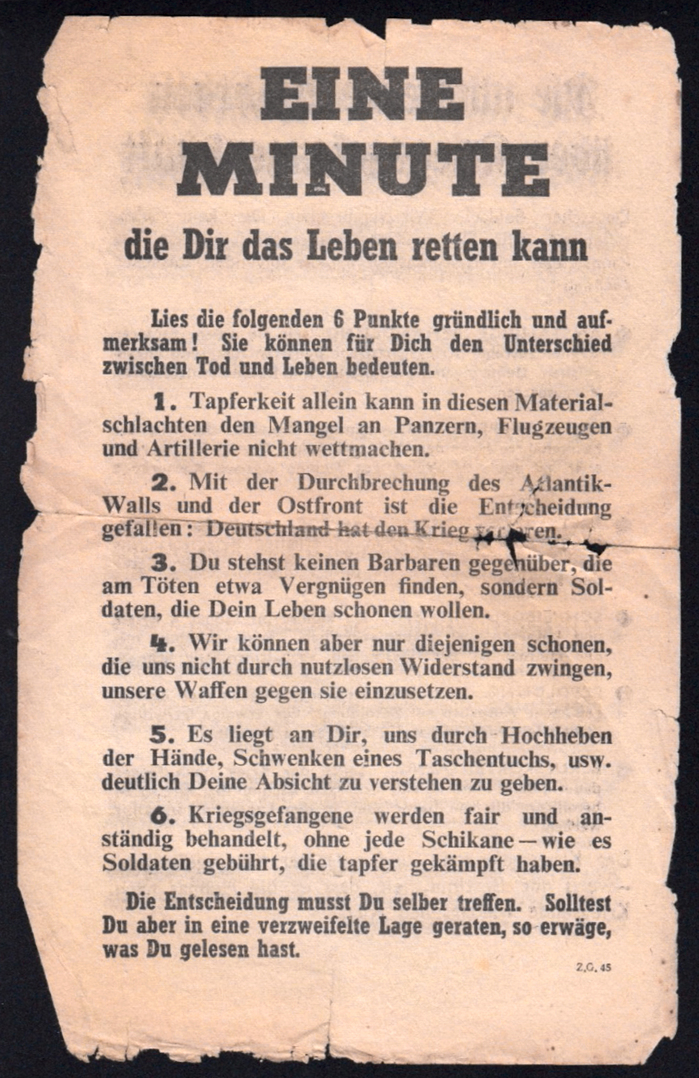Z.G.45 &mdash; &ldquo;Eine Minute die Dir das Leben retten kann&rdquo; (One minute that can save your life). The typography combines Welt-Antiqua fett (Ludwig & Mayer, 1934) for headline and numbers with Rockwell 359 Bold Condensed (Monotype, 1935) and Times Bold (can you spot the odd g out?). The earlier Z.G.23 shows basically the same typographic setup. The text has been reset, though. The personal pronouns (&ldquo;Du&rdquo;, &ldquo;Dir&rdquo;, &ldquo;Dich&rdquo;) now are capitalized. The later Z.G.73K changes to Pabst Extra Bold with Cheltenham, Memphis and Gill Sans.