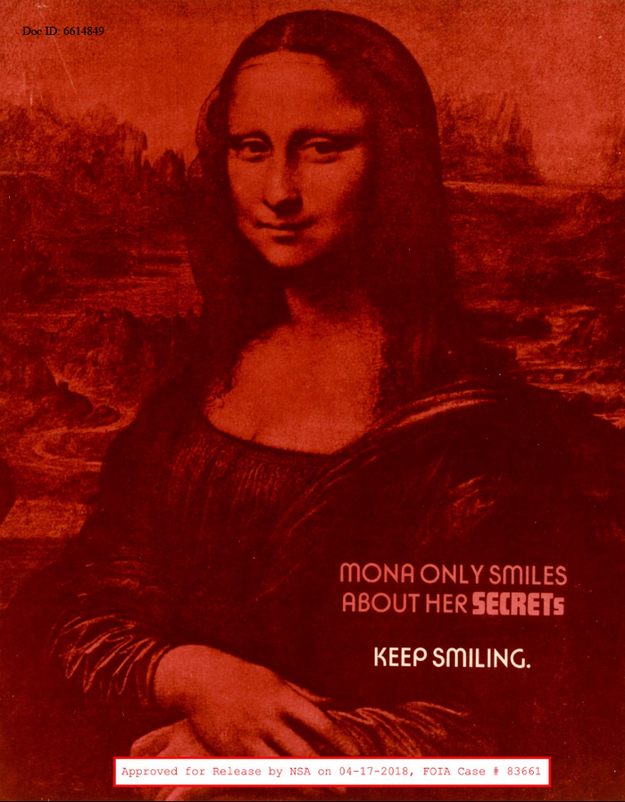 Mona Lisa will not tell anyone why “SECRETs” ends with a lowercase s. Text set in Ronda (1970, with some alternate characters) and more Futura Display.