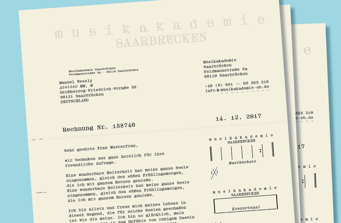 Stationery — the Musikakademie logotype is printed on the backside of the semi translucent beige paper. The client may check the appropriate logo variant (or all of them) that corresponds with the letter subject.