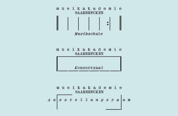 The three logo variants, based on the school building front view: musical school, concert hall and exhibition room/gallery.