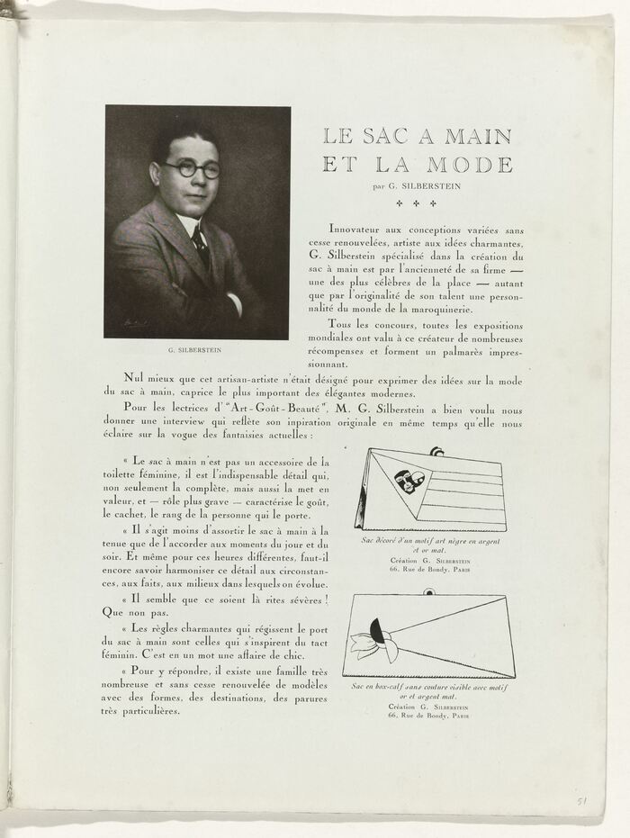 Page 51: Le sac à main et la mode – G. Silberstein discusses handbags. Title set in Moreau-le-jeune, an open style accompanying Cochin and issued by Peignot &amp; Fils in 1913. It was copied by Barnhart Brothers &amp; Spindler as Caslon Open Face.