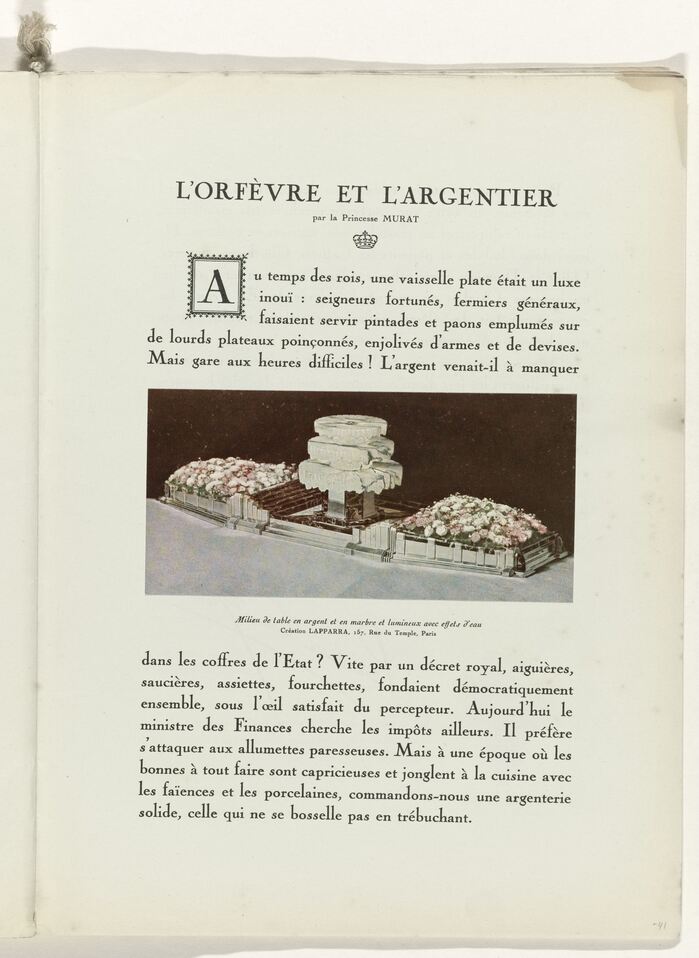 Page 41: a royal affair. An article by Princess Eugene Murat about luxury tableware, with a colored lithography of a solid marble and silver centerpiece for a dinner table.