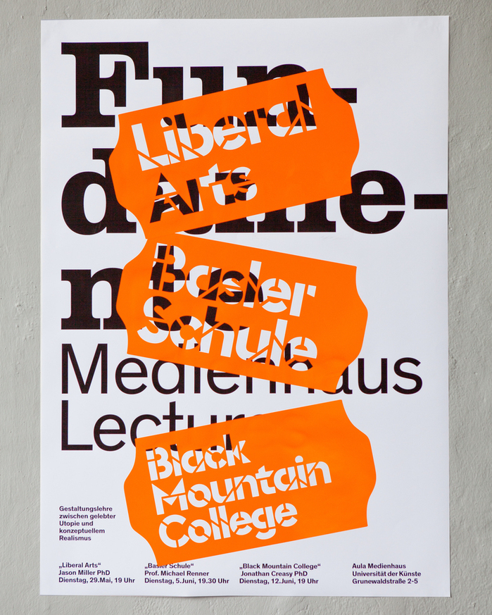 Poster for the lecture series “Fundamente” at the Medienhaus, May/June 2018. The design by Thomas Lehner uses Euclid Stencil as actual stencil on stylized price stickers, revealing the text in Clarendon Graphic and NB&nbsp;Akademie underneath.
