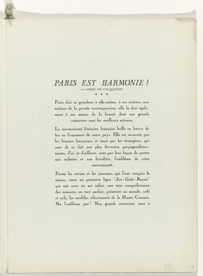 “Paris est Harmonie!” Opening page for the main part of the magazine:  a series of illustrated single page style suggestions.