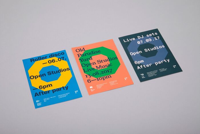 flyers for three Eat Work Art locations, all using the same layout, but a different colour palette and typeface selection. From left to right: Hackney Downs Studios with Neue Helvetica, Old Paradise Yard using Young Serif and Netil House with Basis Grot Mono.