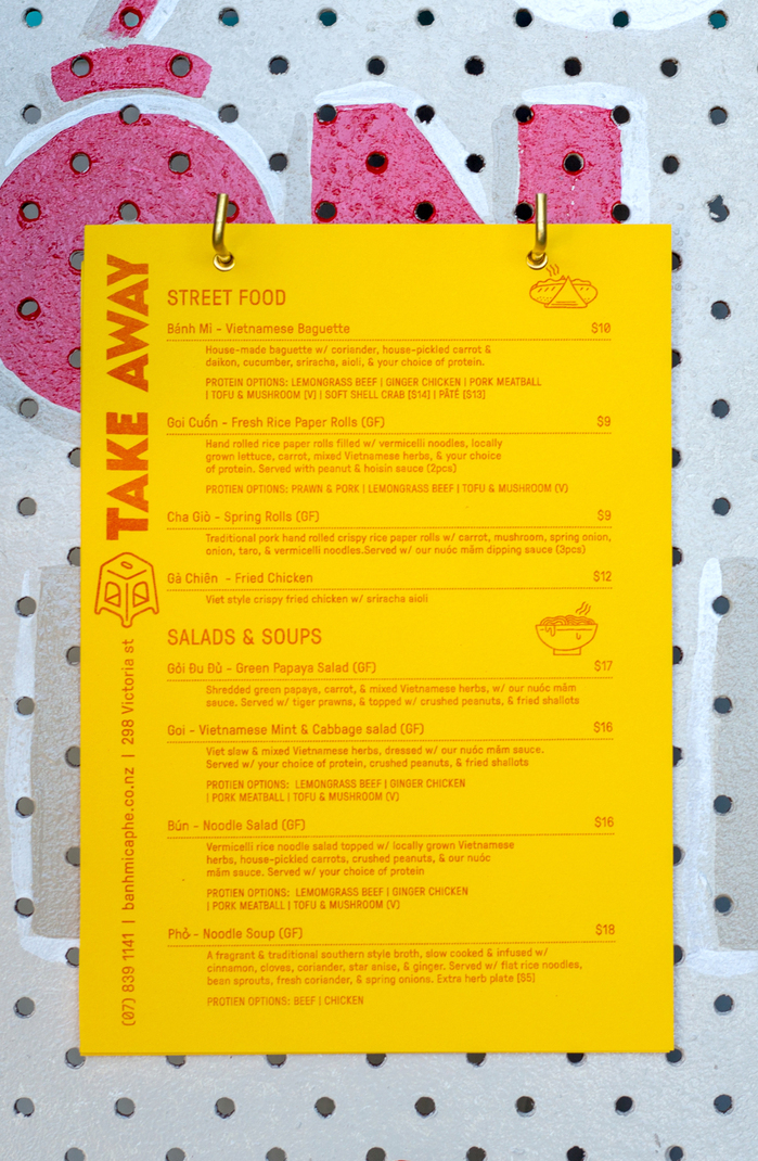 GT Pressura used to type-set riso printed take-away menus. Custom typeface for headings. Printed on yellow stock.