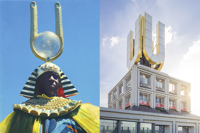 Left: Sun Ra, Film still from John Coney’s Space Is the Place (1974) (photo © 1974 Jim Newman). Right: Golden U atop the main venue of Afro-Tech exhibition and festival – Dortmunder U (photo Roland Baege)