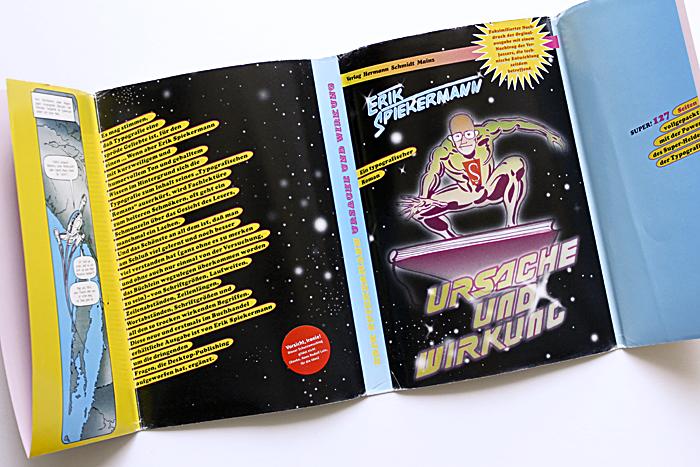 This cover quotes from the space theme, which might be rather typical for the 1990s – with gradient coloring and several effects applied to the illustration. A short comic tells of the mother ship Helvetica making its way through the typovers. While Cooper Black dominates this jacket, the author’s name and the title are lettering jobs.